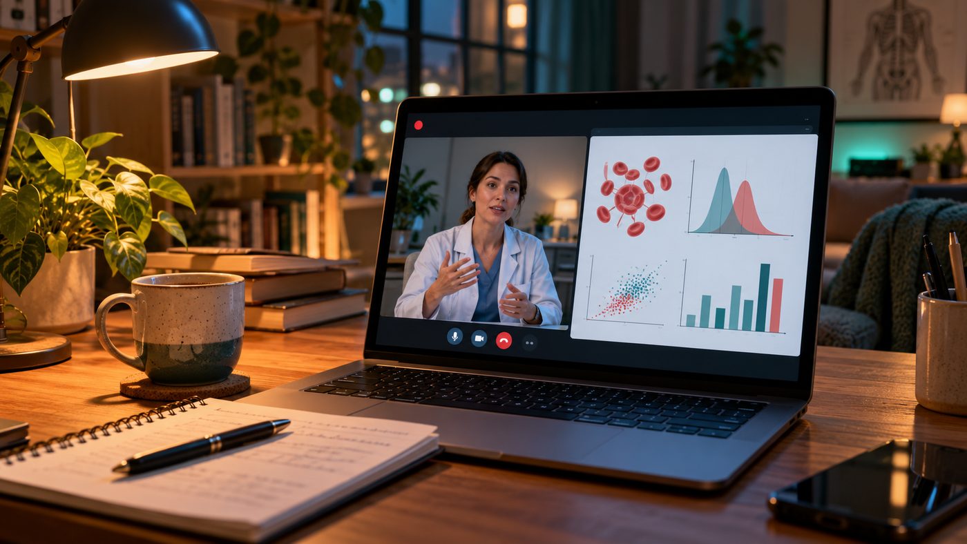Aula online ao vivo com gráficos de exames no notebook